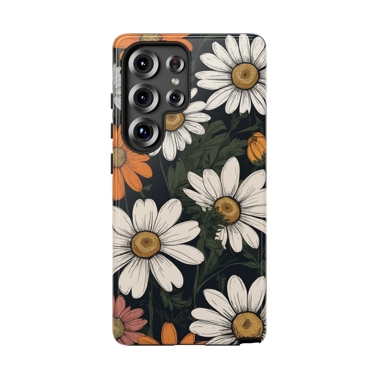 Samsung Galaxy S25 Ultra / Glossy Phone Case - Boho Chic Daisies Floral Pattern ’White Orange & Pink’ Phone Case