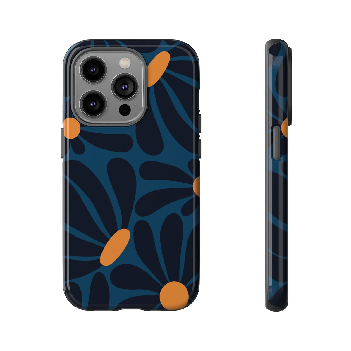 Dark Blue & Orange Daisy Pattern Phone Case - Blue Phone Case - iPhone 14 Pro / Glossy