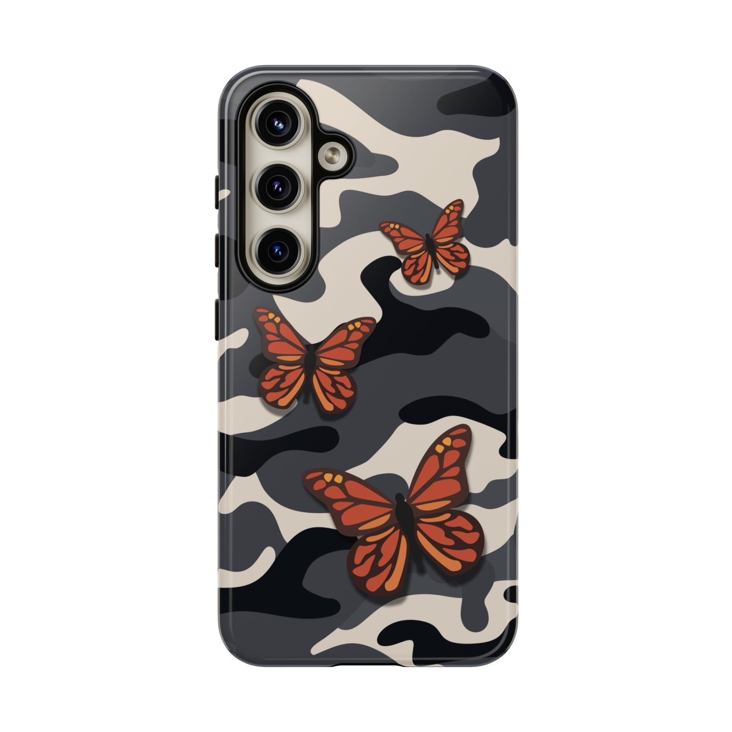 Samsung Galaxy S24 / Glossy Phone Case - Black & Orange Butterfly Camo Phone Case
