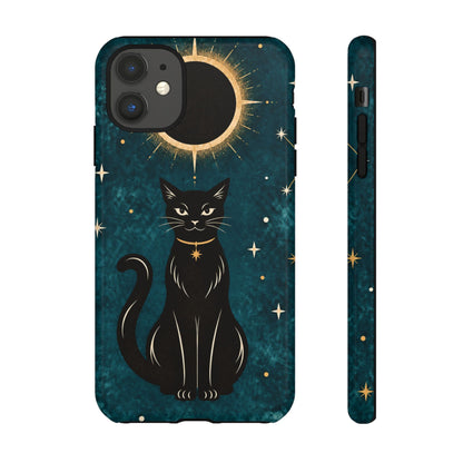 Whimsical Teal Celestial Black Cat Phone Case