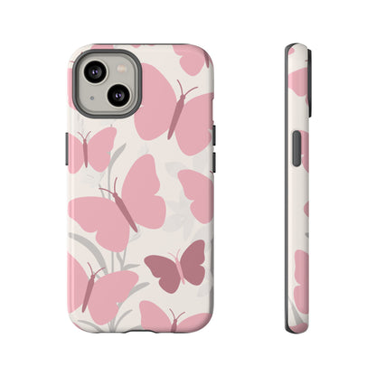 iPhone 14 / Glossy Phone Case - Minimalist Cream & Pink Butterfly Pattern Phone Case