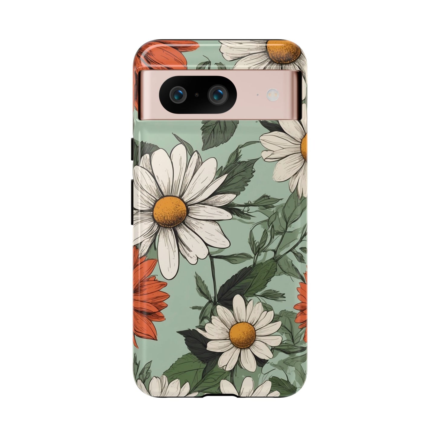 Google Pixel 8 / Glossy Phone Case - Boho Chic Daisies Floral Pattern ’White & Orange’ Phone Case
