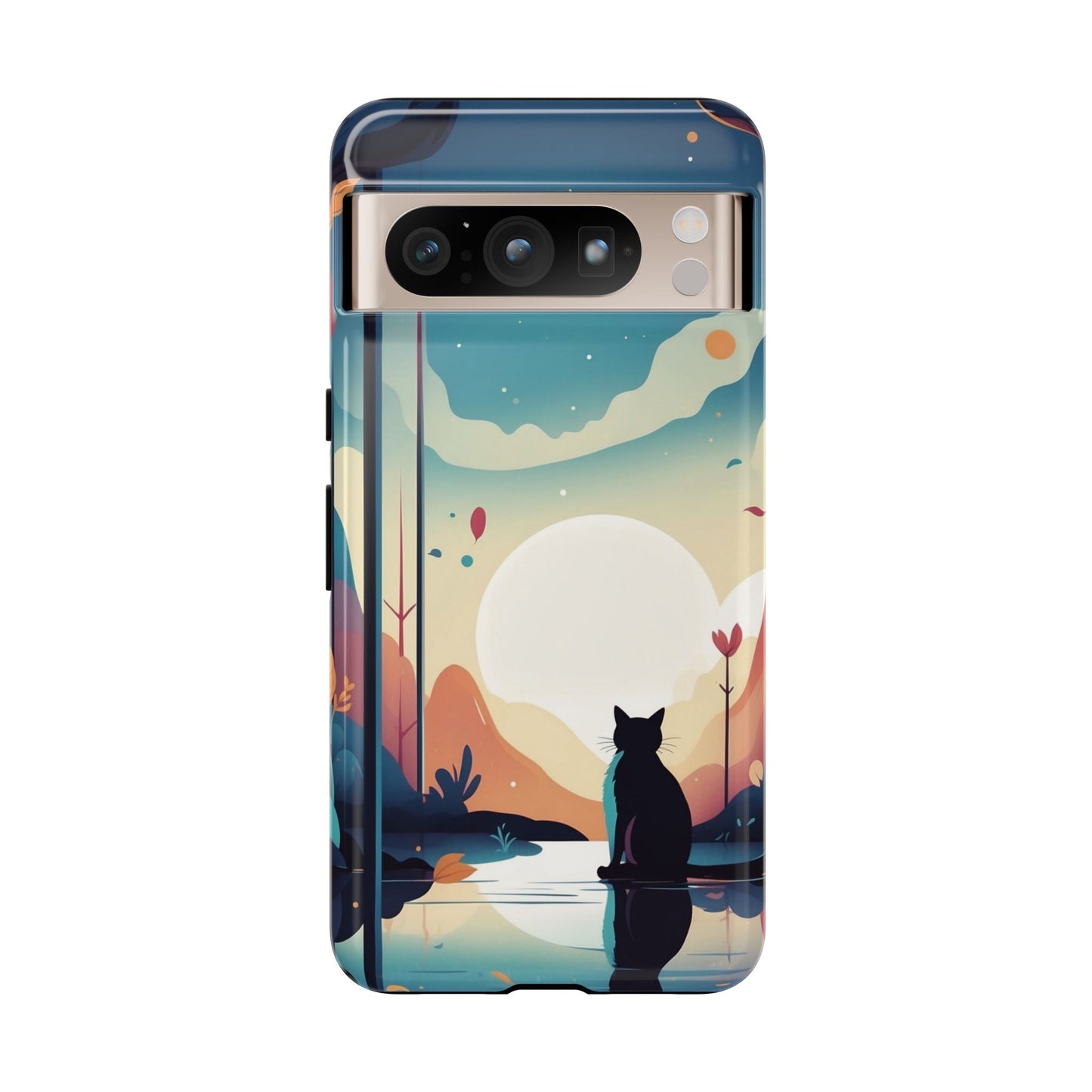 Google Pixel 8 Pro / Glossy Phone Case - Stylised Cat & Moon Design Phone Case