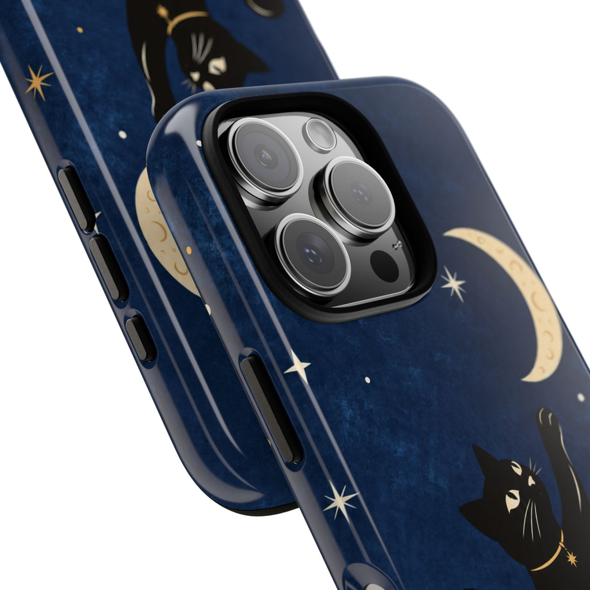 Whimsical Navy Blue Celestial Black Cat Phone Case