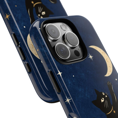 Whimsical Navy Blue Celestial Black Cat Phone Case