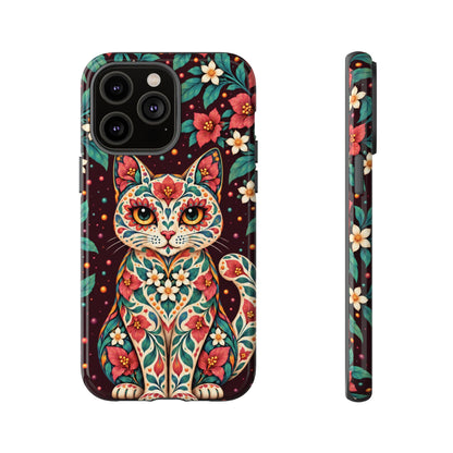 Vibrant Terracotta and Teal Calavera Cat Phone Case - Multicolor Phone Case - iPhone 14 Pro Max / Glossy