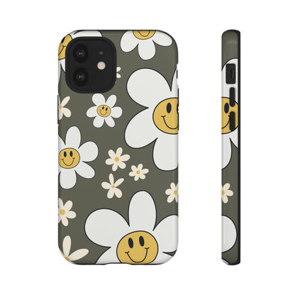 Fun Retro Daisy Pattern with Olive Green Background Phone Case - Green Phone Case - iPhone 12 Mini / Glossy