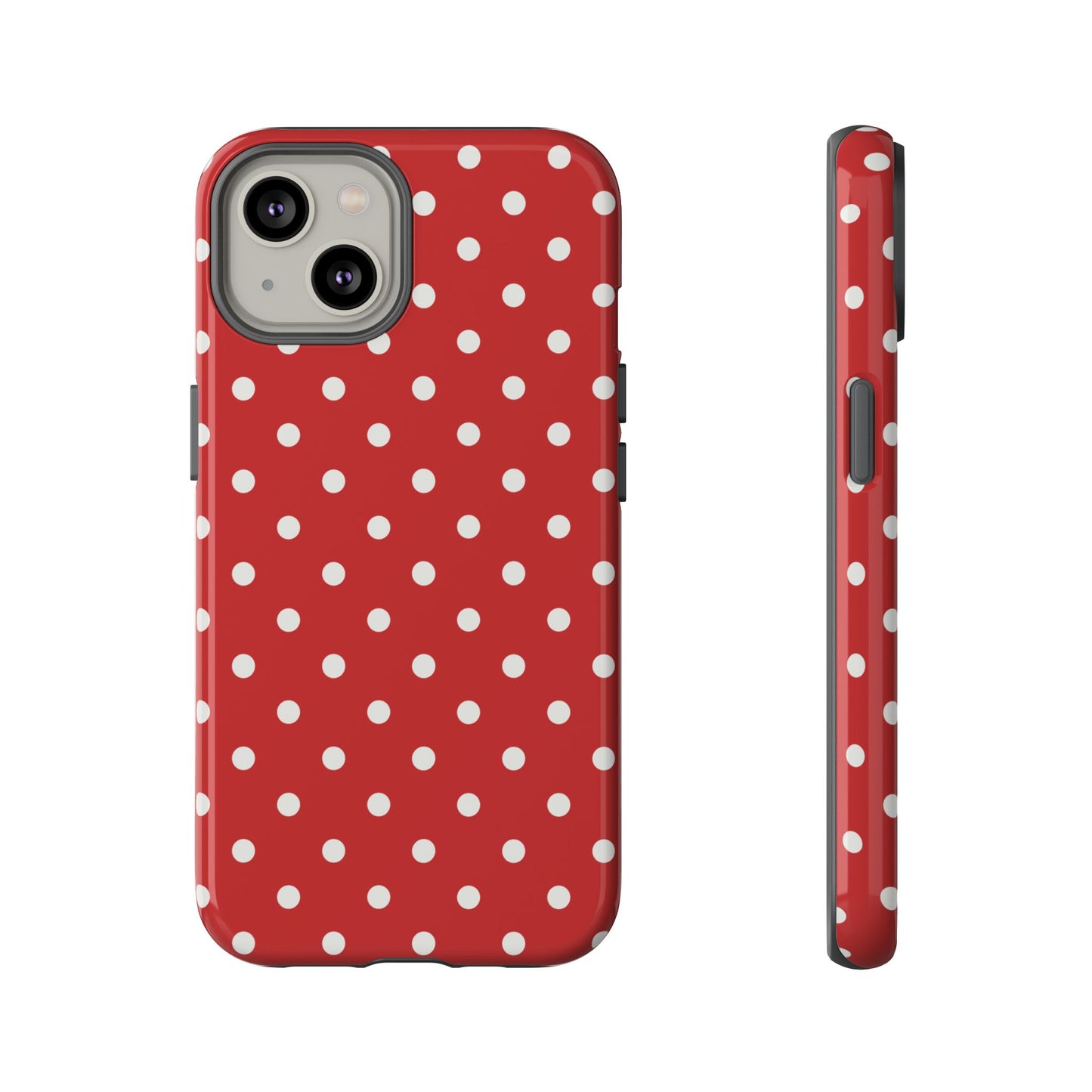iPhone 14 / Glossy Phone Case - Red with White Dot Pattern Phone Case