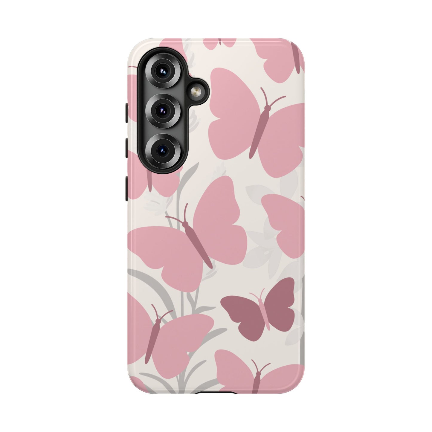 Samsung Galaxy S25 / Glossy Phone Case - Minimalist Cream & Pink Butterfly Pattern Phone Case