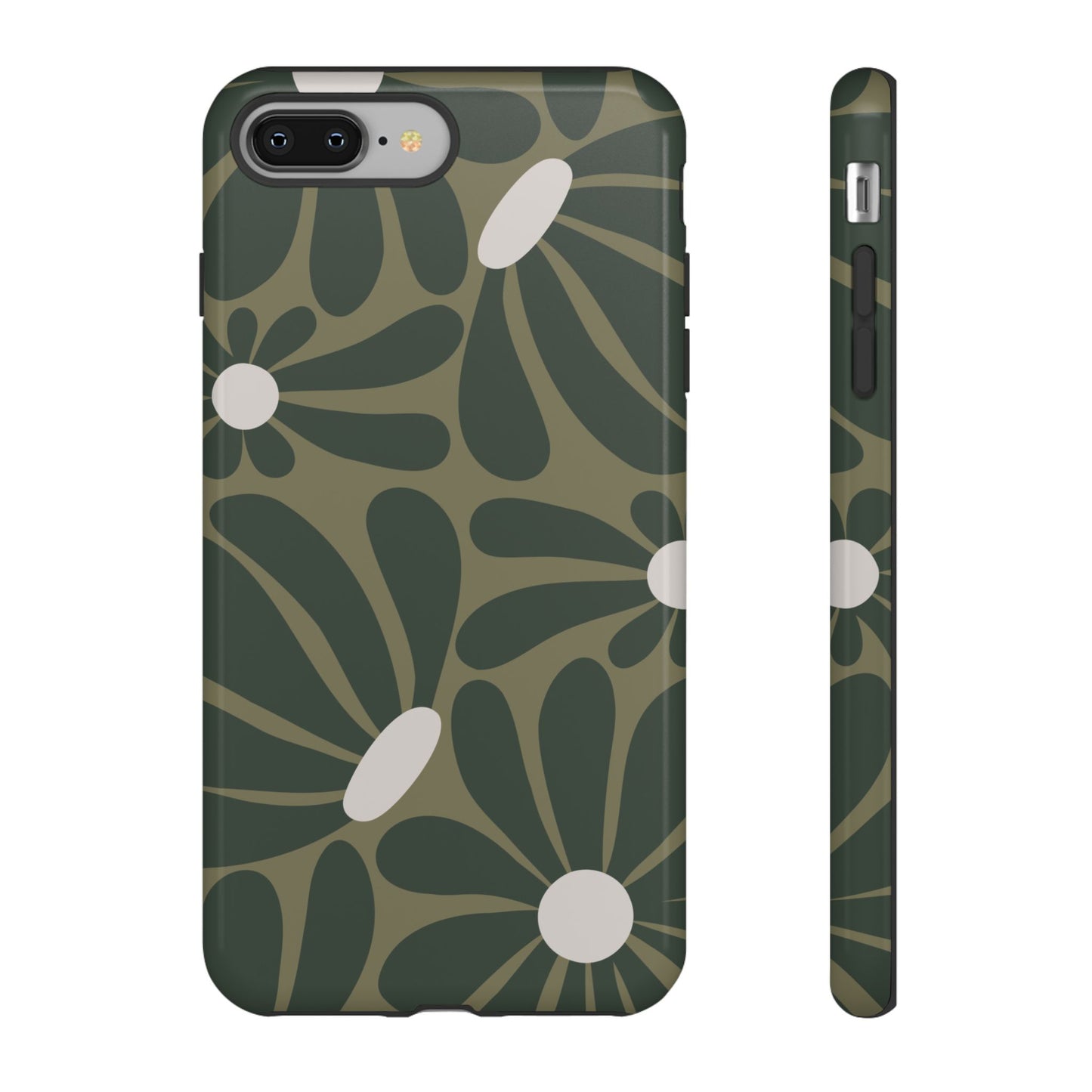 iPhone 8 Plus / Glossy Phone Case - ’Retro Olive Green Daisy Pattern’ Phone Case
