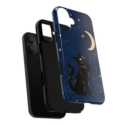 Whimsical Navy Blue Celestial Black Cat Phone Case
