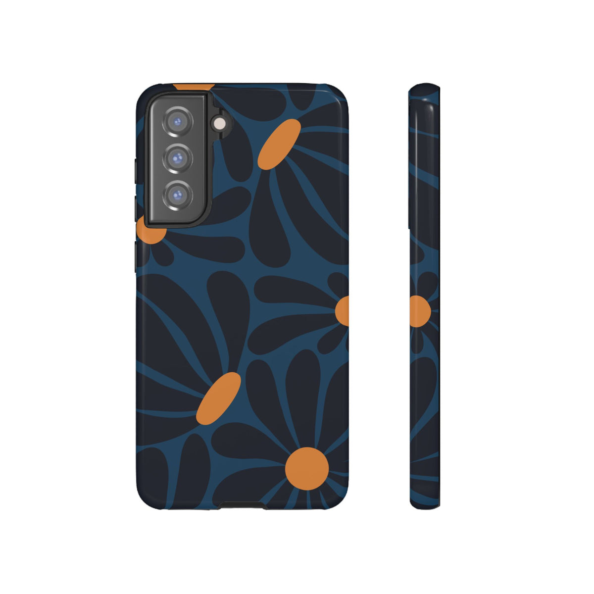 Dark Blue & Orange Daisy Pattern Phone Case - Blue Phone Case - Samsung Galaxy S21 FE / Glossy