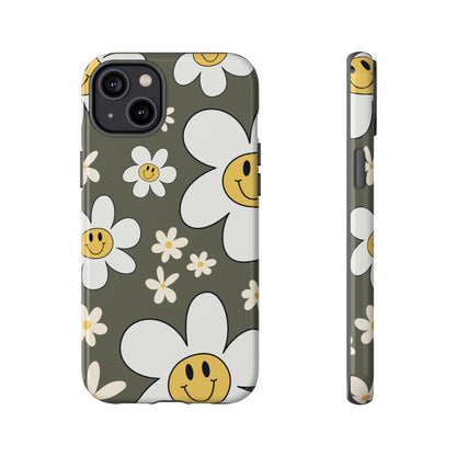 Fun Retro Daisy Pattern with Olive Green Background Phone Case - Green Phone Case - iPhone 14 Plus / Glossy