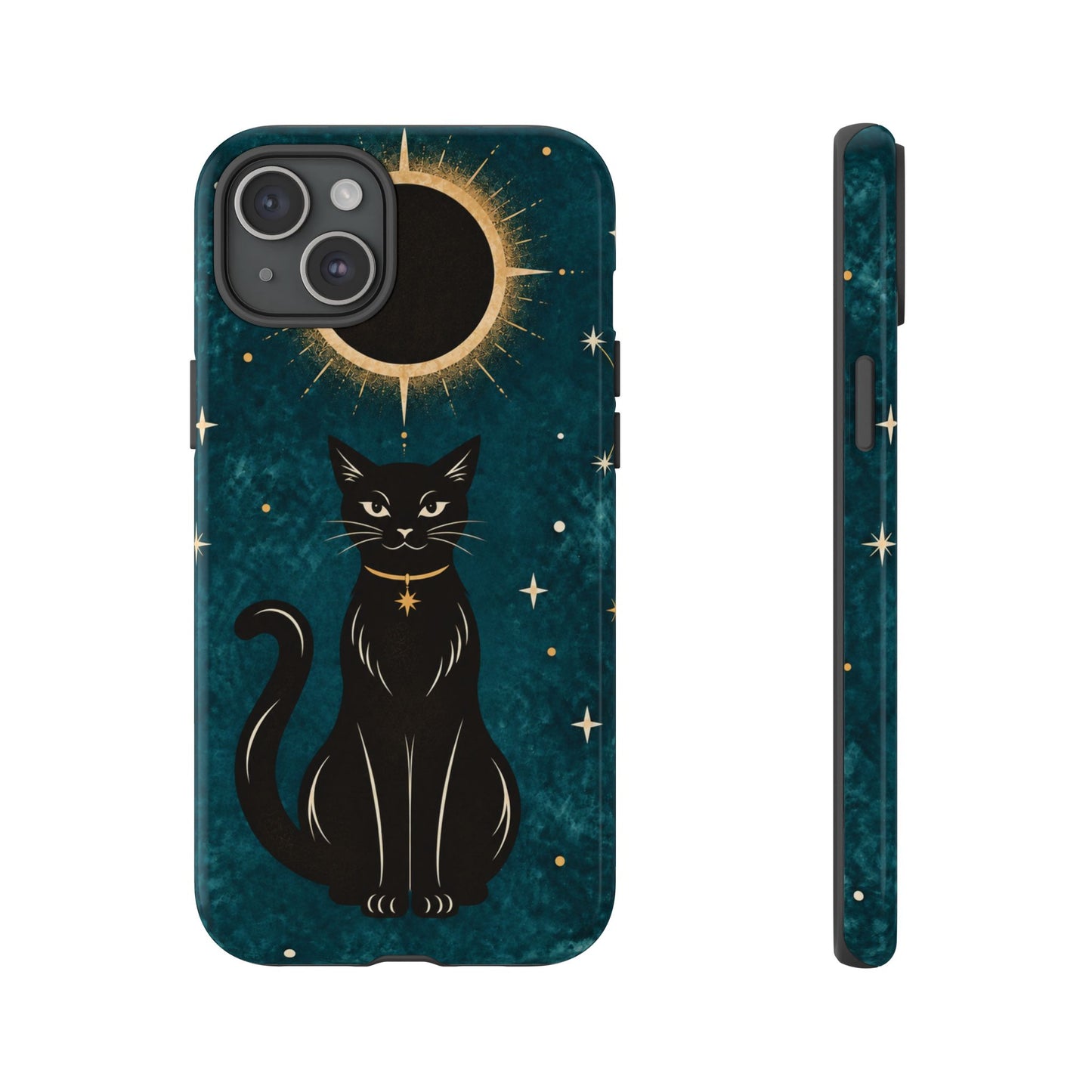 Whimsical Teal Celestial Black Cat Phone Case
