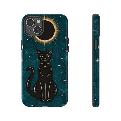 Whimsical Teal Celestial Black Cat Phone Case