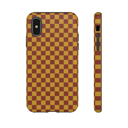 iPhone XS / Glossy Phone Case - Trendy Mustard & Burgandy Small Checked Pattern Phone Case