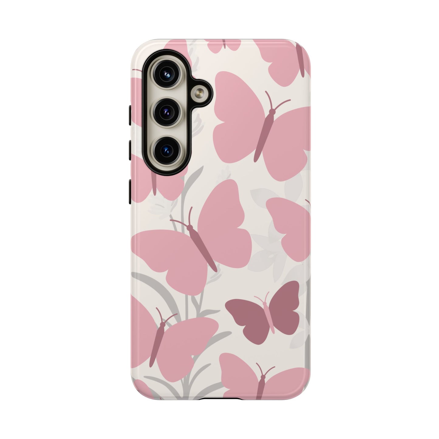 Samsung Galaxy S24 / Glossy Phone Case - Minimalist Cream & Pink Butterfly Pattern Phone Case