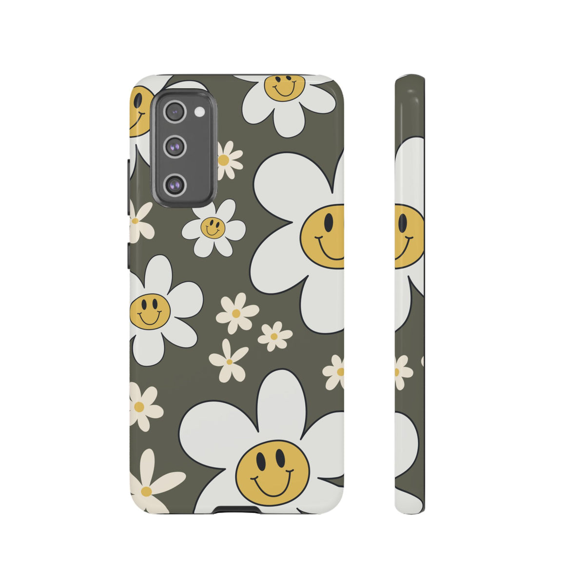 Fun Retro Daisy Pattern with Olive Green Background Phone Case - Green Phone Case - Samsung Galaxy S20 FE / Glossy