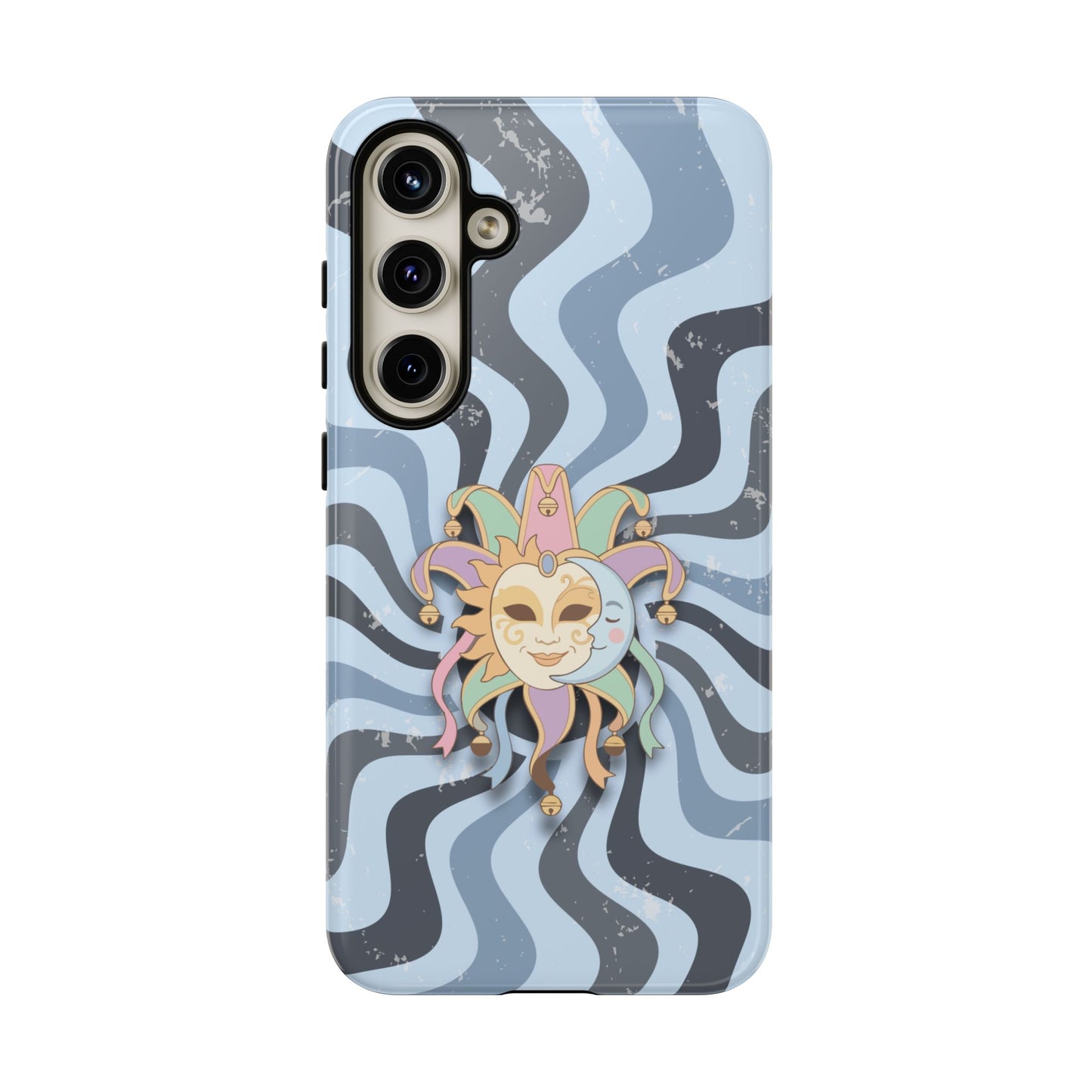 Samsung Galaxy S24 Plus / Glossy Phone Case - Sun & Moon Jester Mask – Blue Retro Wave Phone Case