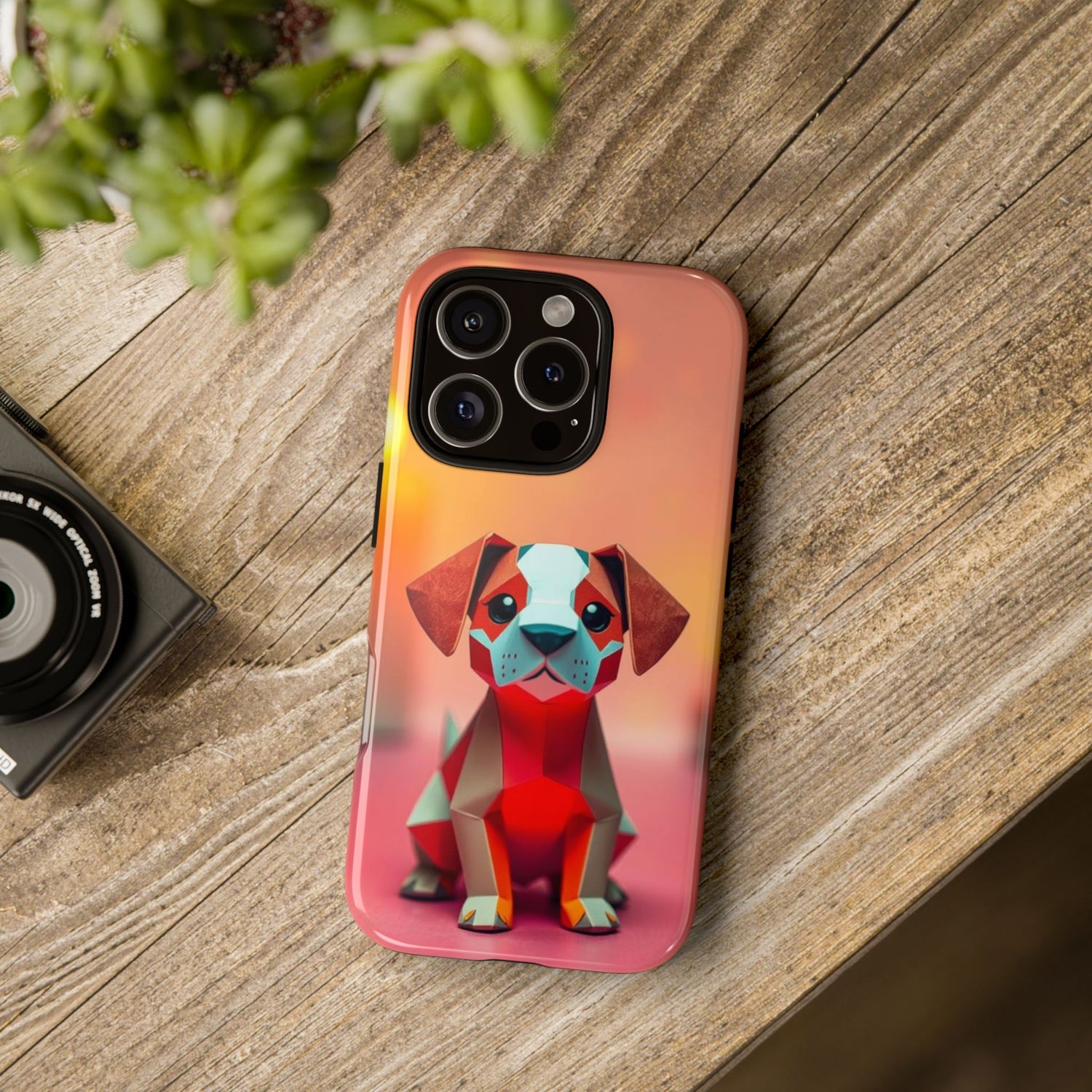 Mobile phone case with pop art origami dog design
