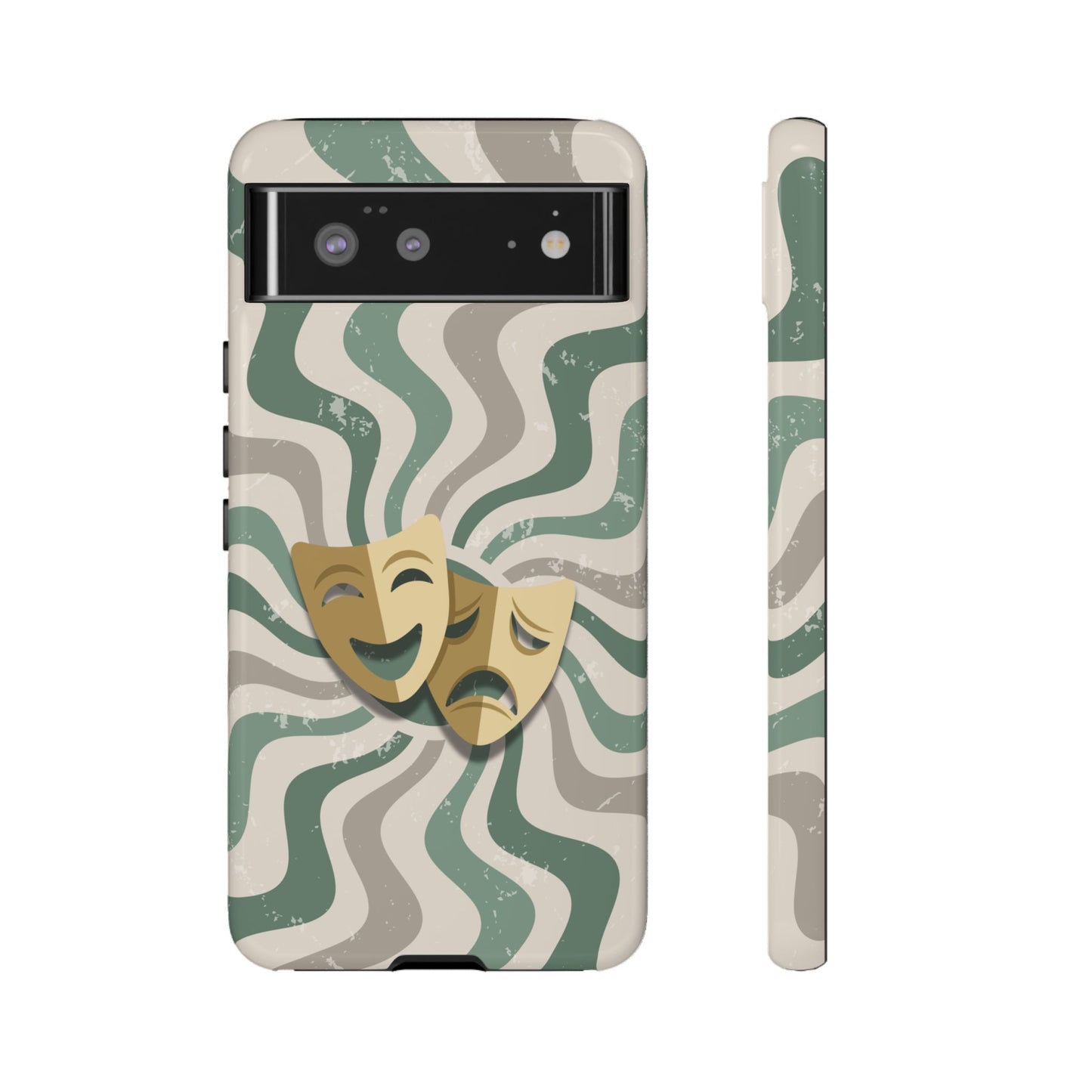 Google Pixel 6 / Glossy Phone Case - Comedy & Tragedy Masks – Green Minimal Retro Wave Phone Case