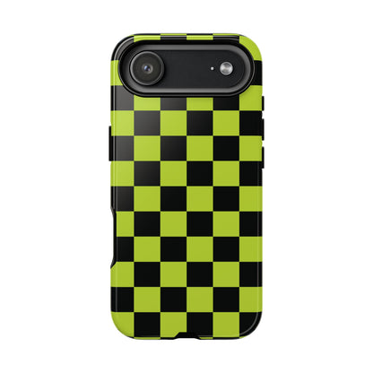 iPhone 17 Air / Glossy Phone Case - Trendy Neon Lime Green & Black Checked Pattern Phone Case