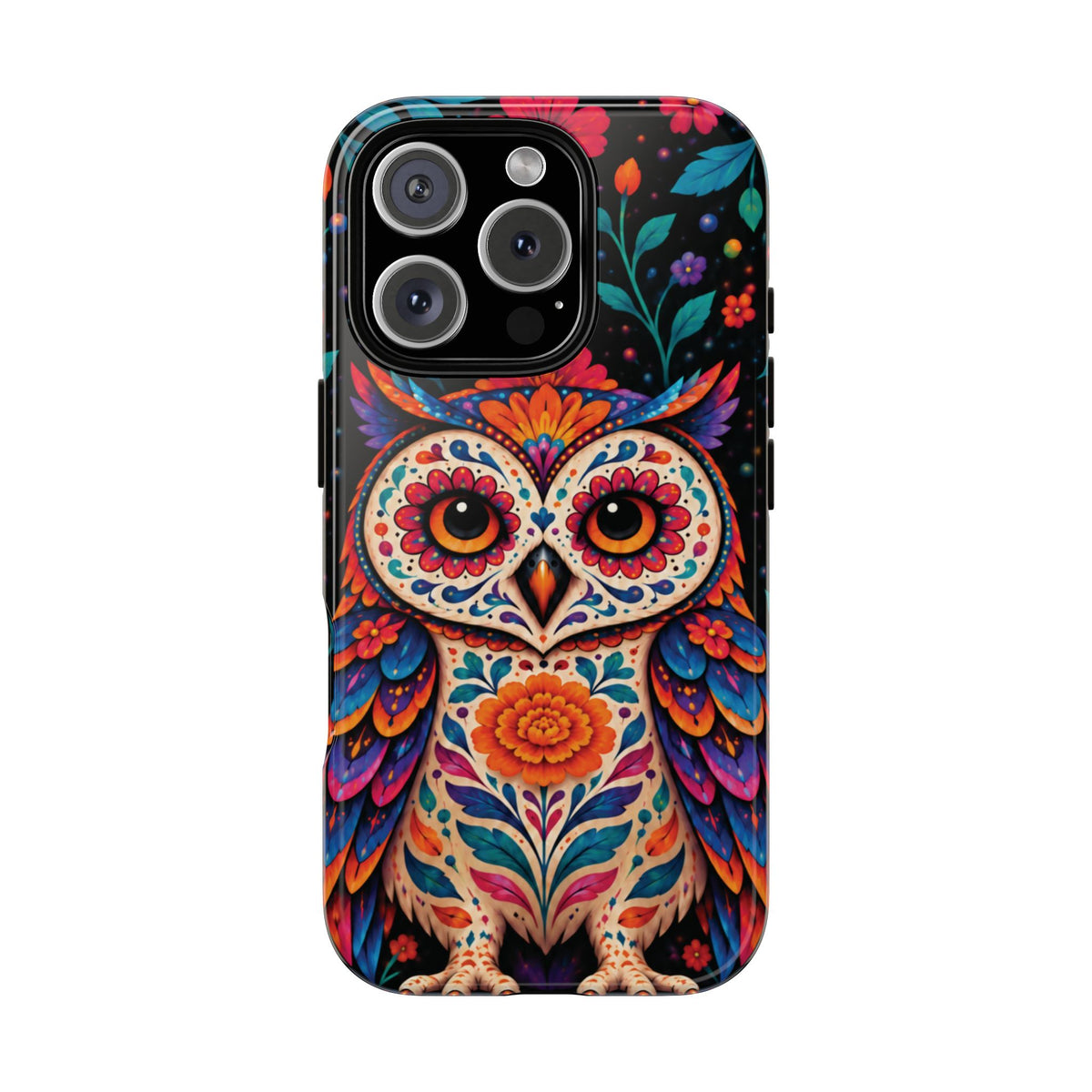 Vibrant Orange and Turquoise Calavera Owl Phone Case - Multicolor Phone Case - iPhone 16 Pro / Glossy