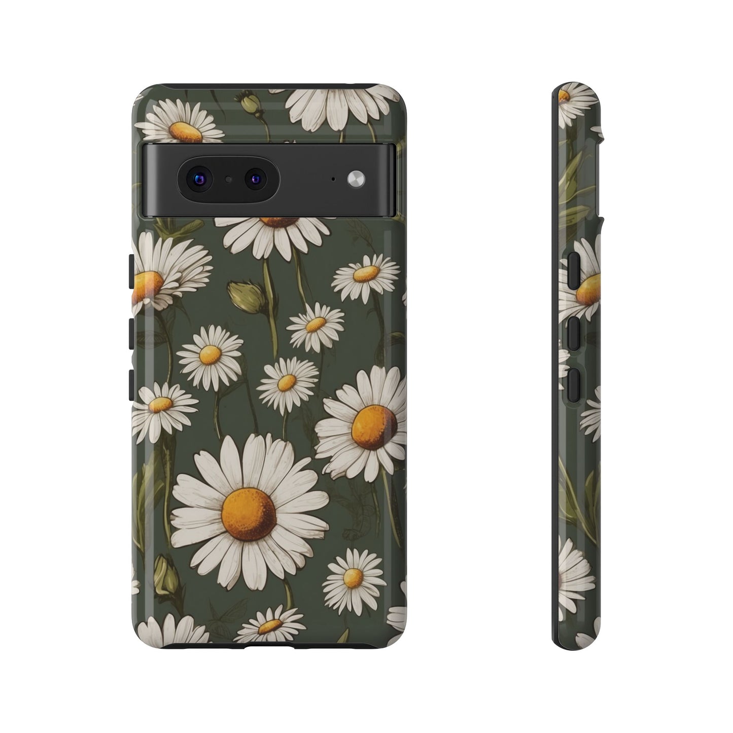 Google Pixel 7 / Glossy Phone Case - Boho Chic Daisies Floral Pattern ’White & Green’ Phone Case