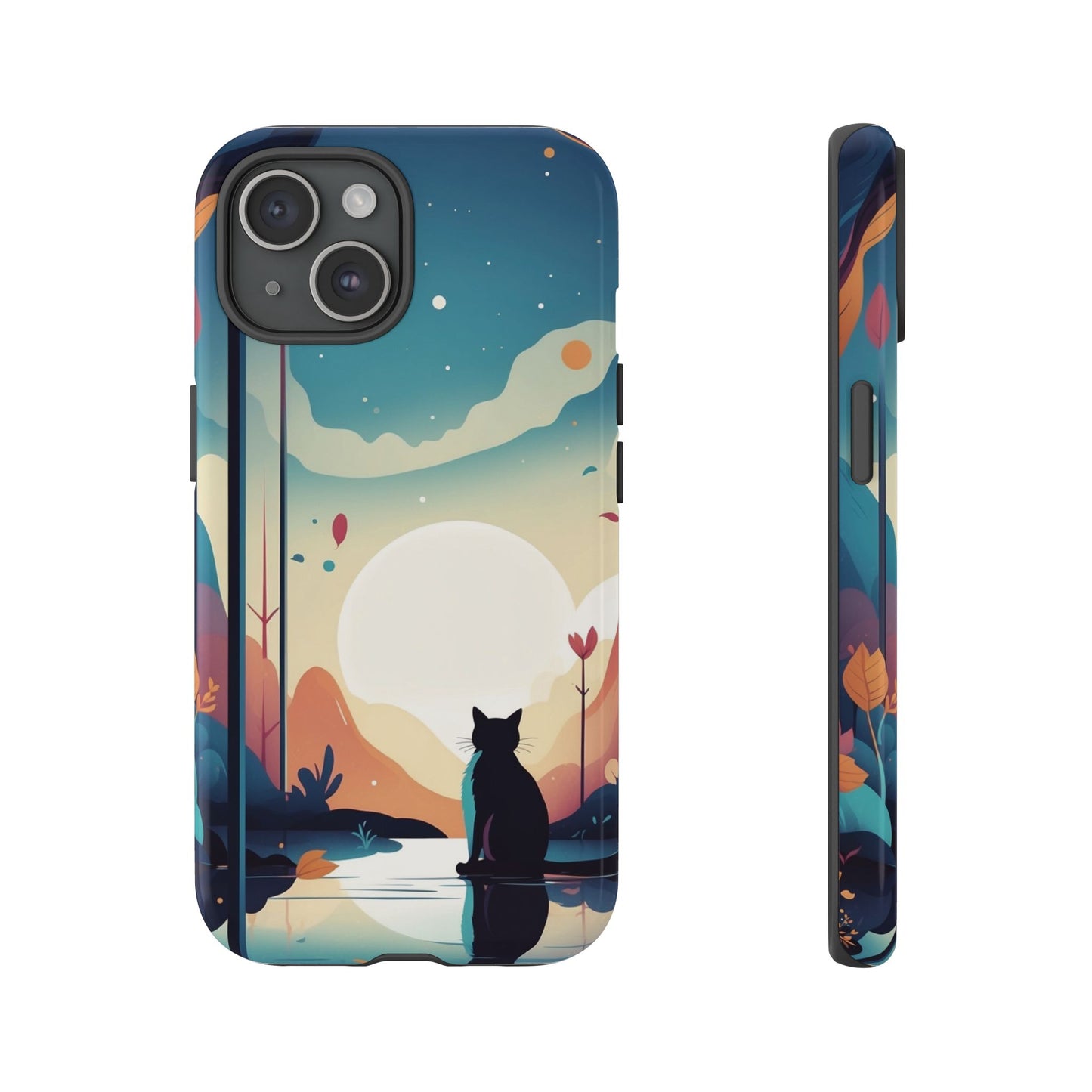 iPhone 15 / Glossy Phone Case - Stylised Cat & Moon Design Phone Case