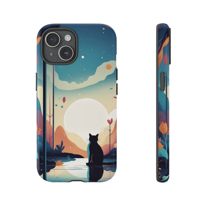 iPhone 15 / Glossy Phone Case - Stylised Cat & Moon Design Phone Case