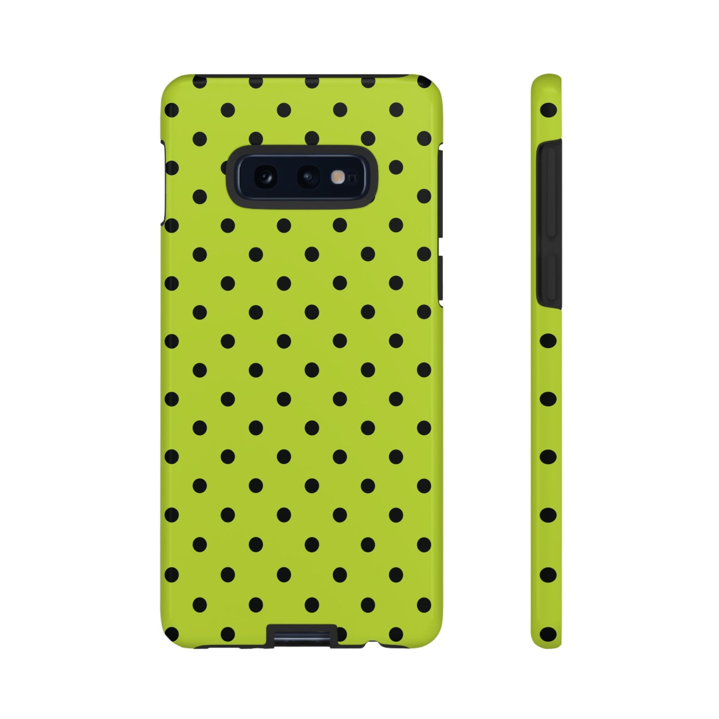 Samsung Galaxy S10E / Glossy Phone Case - Trendy Neon Lime Green & Black Dot Pattern Phone Case