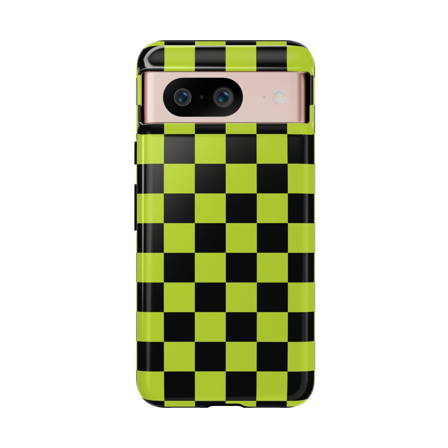Google Pixel 8 / Glossy Phone Case - Trendy Neon Lime Green & Black Checked Pattern Phone Case
