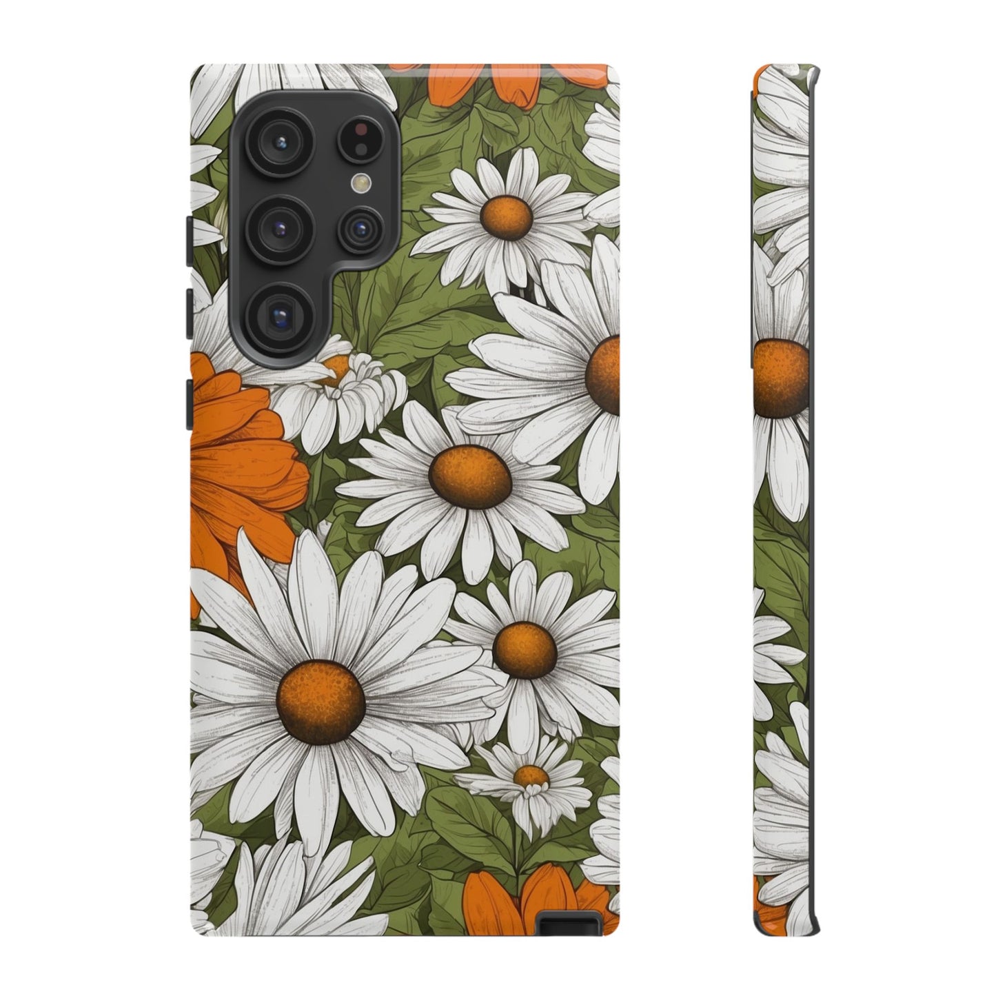 Samsung Galaxy S22 Ultra / Glossy Phone Case - Boho Chic Daisies Floral Pattern ’White Orange & Green’ Phone Case