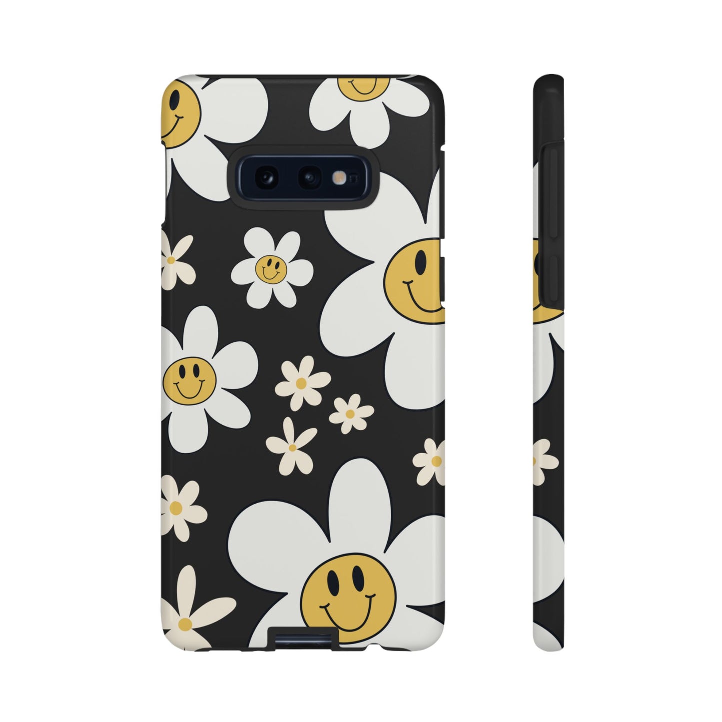 Samsung Galaxy S10E / Glossy Phone Case - Fun Retro Daisy Pattern with Dark Grey Background Phone Case