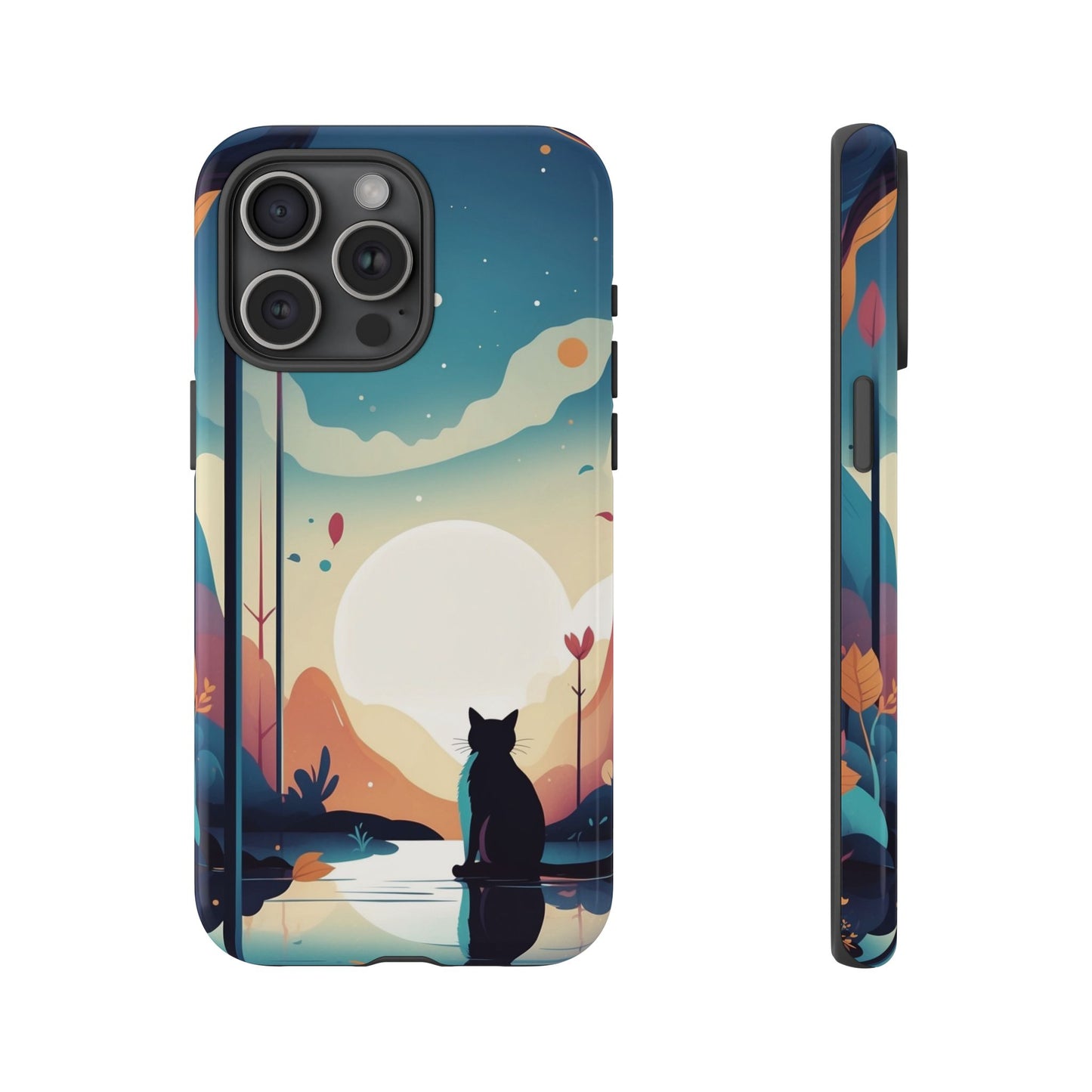 iPhone 15 Pro Max / Glossy Phone Case - Stylised Cat & Moon Design Phone Case
