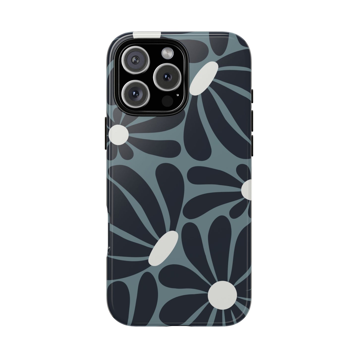 iPhone 16 Pro Max / Glossy Phone Case - ’Retro Navy Blue & White Daisy Pattern’ Phone Case