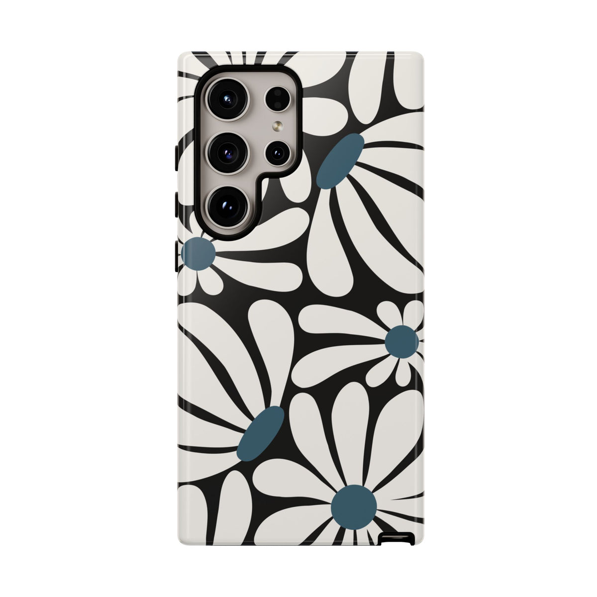 Retro Black Daisy Pattern Phone Case - Black Phone Case - Samsung Galaxy S24 Ultra / Glossy