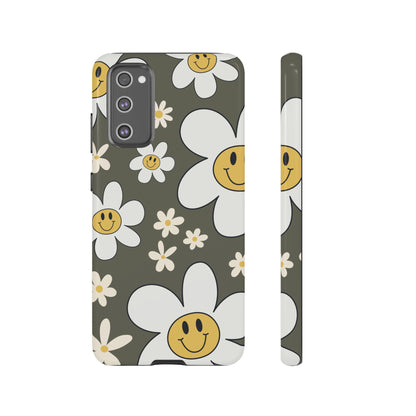 Samsung Galaxy S20 FE / Glossy Phone Case - Fun Retro Daisy Pattern with Olive Green Background Phone Case