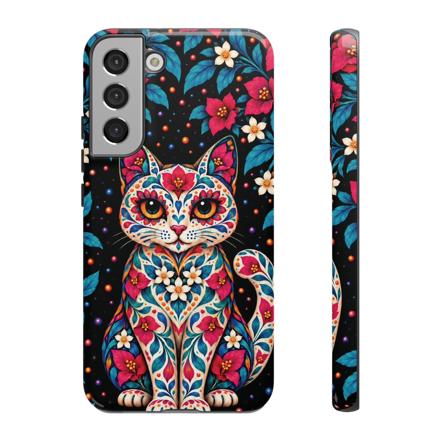 Vibrant Pink and Turquoise Calavera Cat Phone Case - Multicolor Phone Case - Samsung Galaxy S22 Plus / Glossy