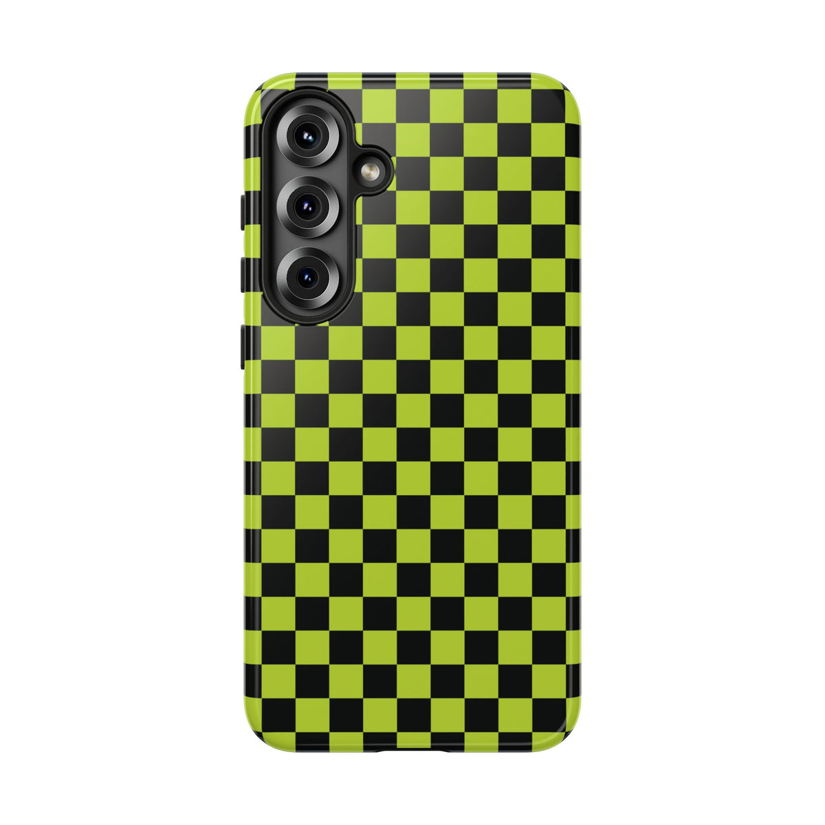 Trendy Neon Lime Green & Black Small Checked Pattern Phone Case - Green Phone Case - Samsung Galaxy S25 Plus / Glossy