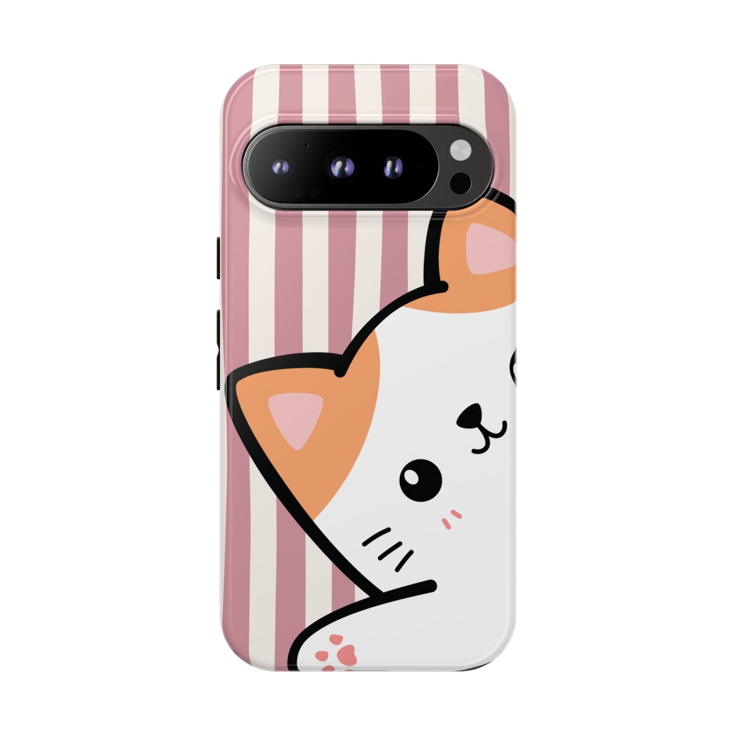 Playful Peakaboo Cat with Pink Stripe Pattern Phone Case - Pink Phone Case - Google Pixel 9 Pro / Glossy
