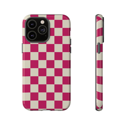 iPhone 14 Pro Max / Glossy Phone Case - ’Pink & White Checkered Pattern’ Phone Case