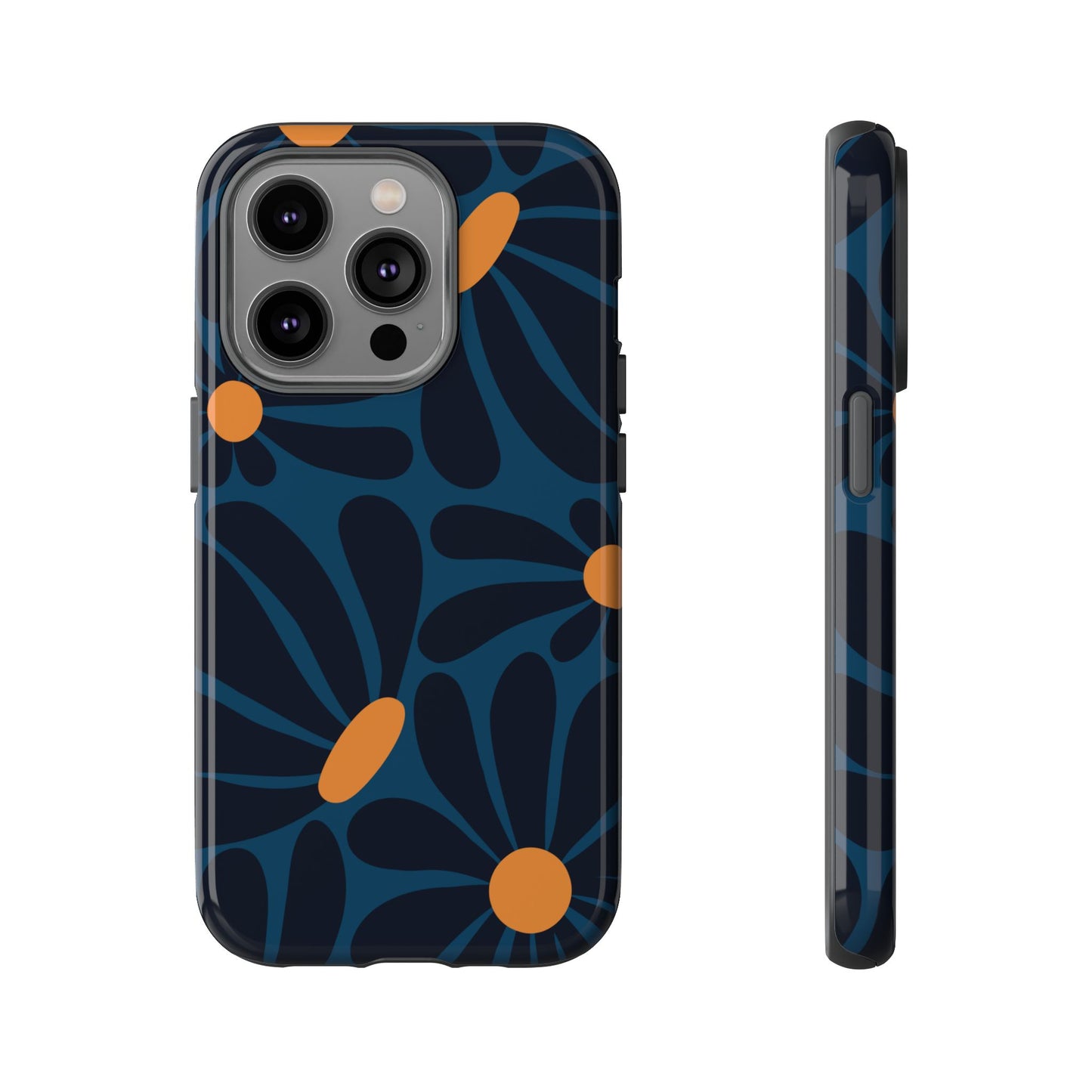 iPhone 14 Pro / Glossy Phone Case - ’Dark Blue & Orange Daisy Pattern’ Phone Case