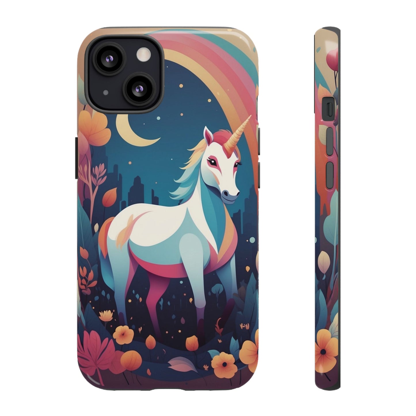 iPhone 13 / Glossy Phone Case - Stylised Unicorn & Rainbow Design Phone Case