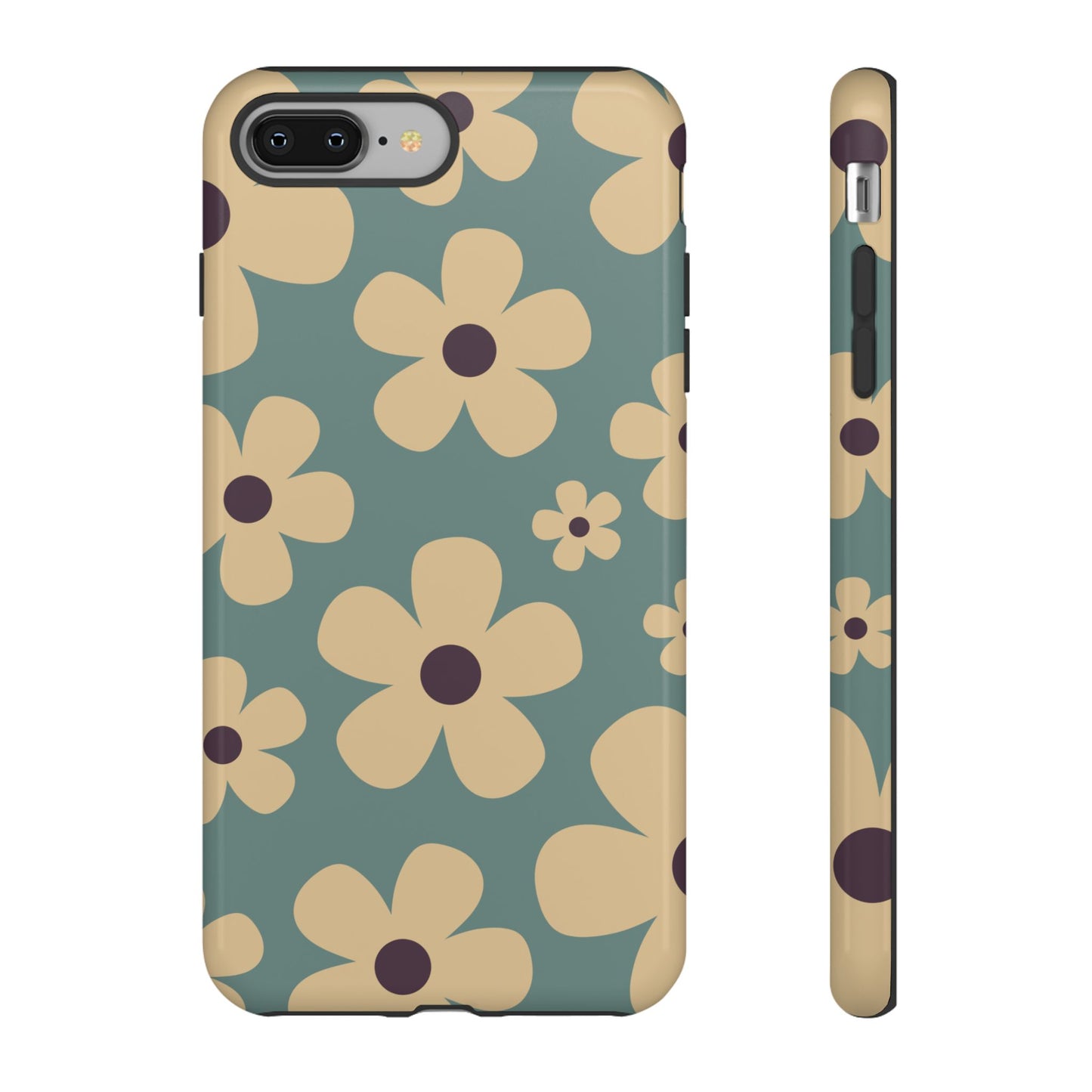 iPhone 8 Plus / Glossy Phone Case - Cute Blue & Cream Daisy Pattern Phone Case