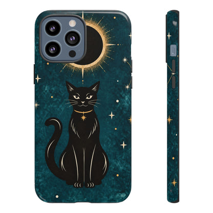 Whimsical Teal Celestial Black Cat Phone Case
