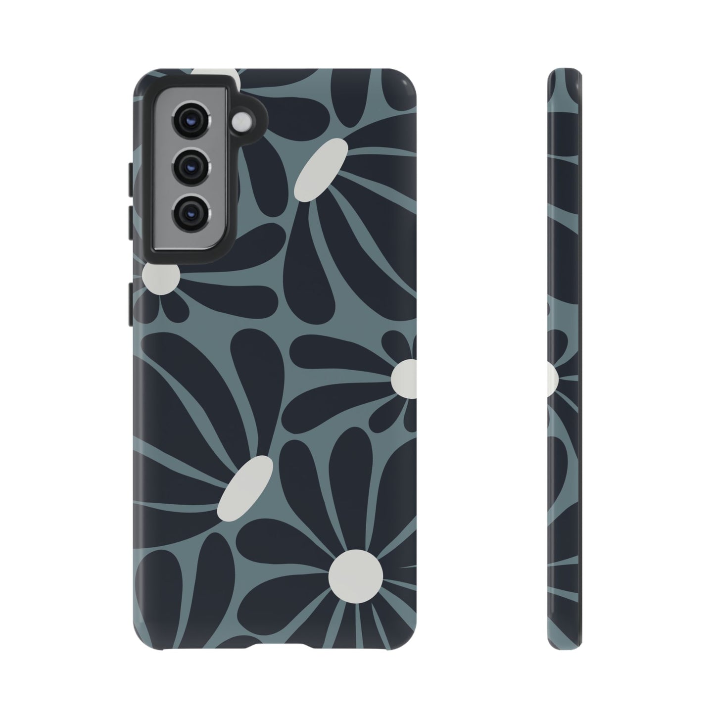Samsung Galaxy S21 / Glossy Phone Case - ’Retro Navy Blue & White Daisy Pattern’ Phone Case
