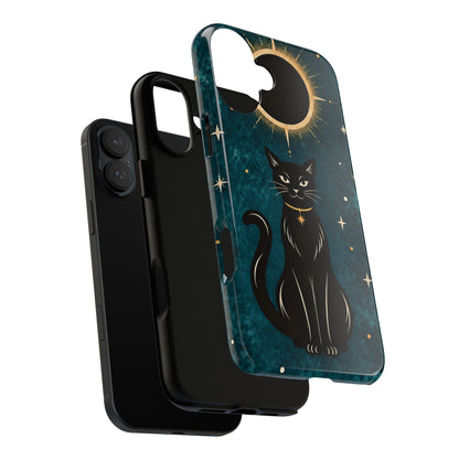 Whimsical Teal Celestial Black Cat Phone Case