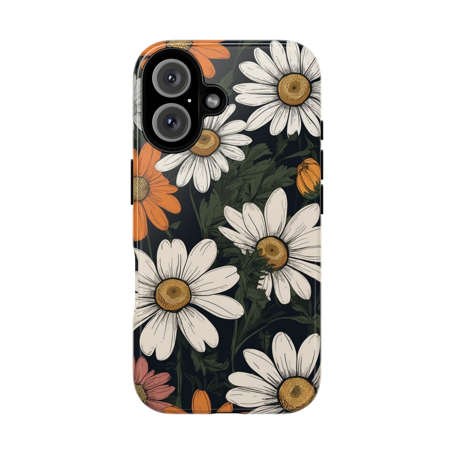 iPhone 16 / Glossy Phone Case - Boho Chic Daisies Floral Pattern ’White Orange & Pink’ Phone Case