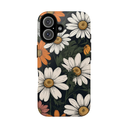 iPhone 16 / Glossy Phone Case - Boho Chic Daisies Floral Pattern ’White Orange & Pink’ Phone Case